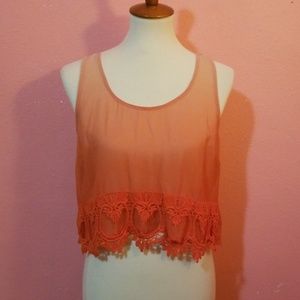 Sleeveless Ombre Orange Crochet Sheer Tank S